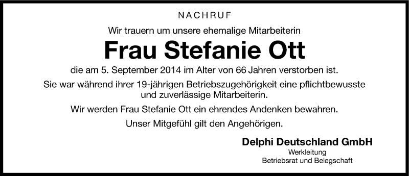  Traueranzeige für Stefanie Ott vom 17.09.2014 aus Neumarkter Nachrichten Lokal