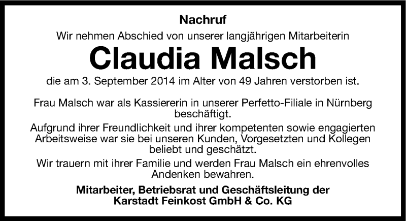  Traueranzeige für Claudia Malsch vom 19.09.2014 aus Gesamtausgabe Nürnberger Nachrichten/ Nürnberger Ztg.