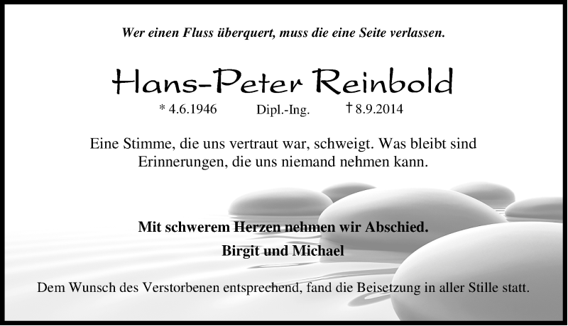  Traueranzeige für Hans-Peter Reinbold vom 20.09.2014 aus Nordbayerische Nachrichten Forchheim Lokal