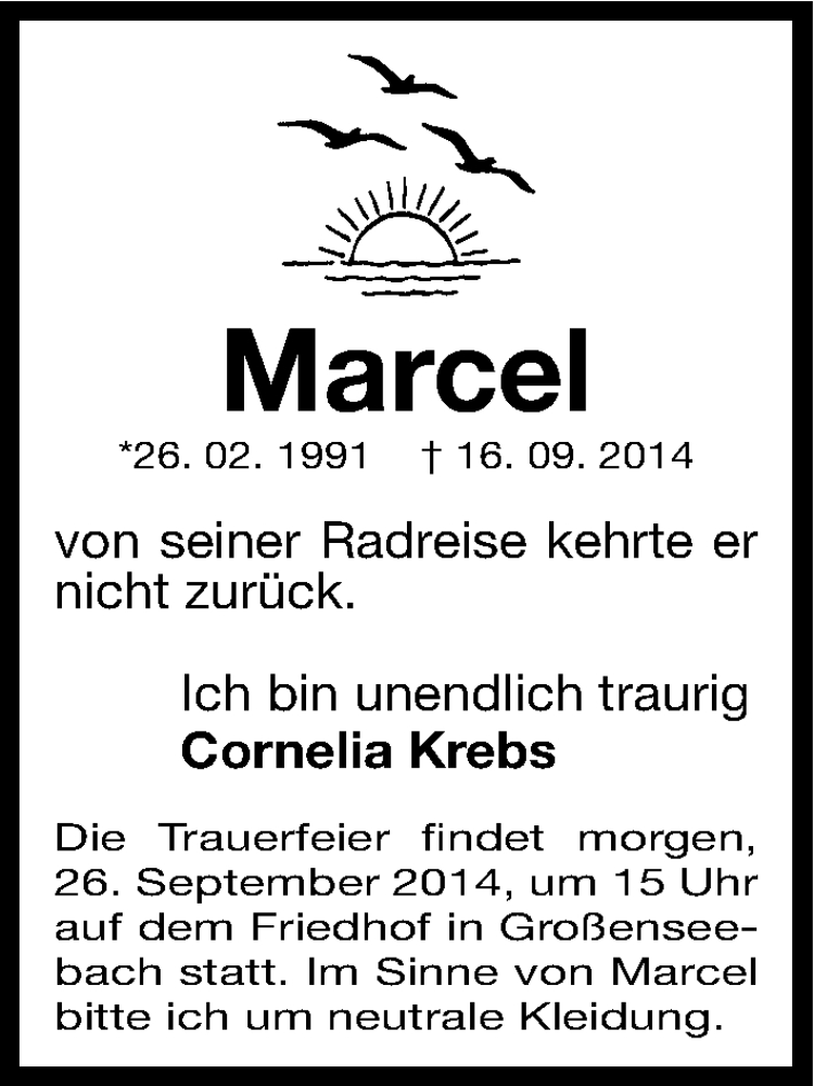 Traueranzeige für Marcel Krebs vom 25.09.2014 aus Erlanger Nachrichten Lokal