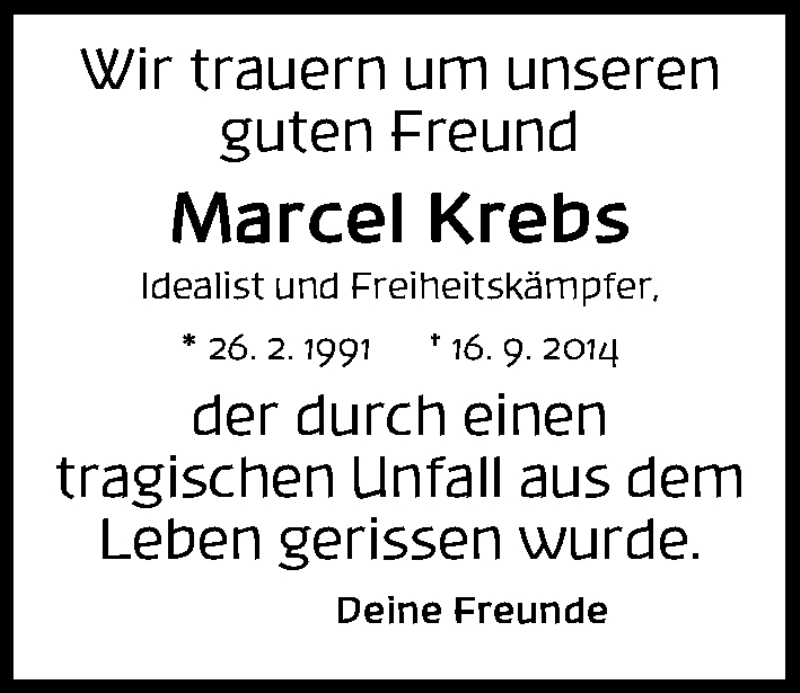  Traueranzeige für Marcel Krebs vom 25.09.2014 aus Gesamtausgabe Nürnberger Nachrichten/ Nürnberger Ztg.
