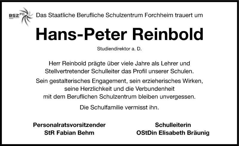  Traueranzeige für Hans-Peter Reinbold vom 26.09.2014 aus Nordbayerische Nachrichten Forchheim Lokal