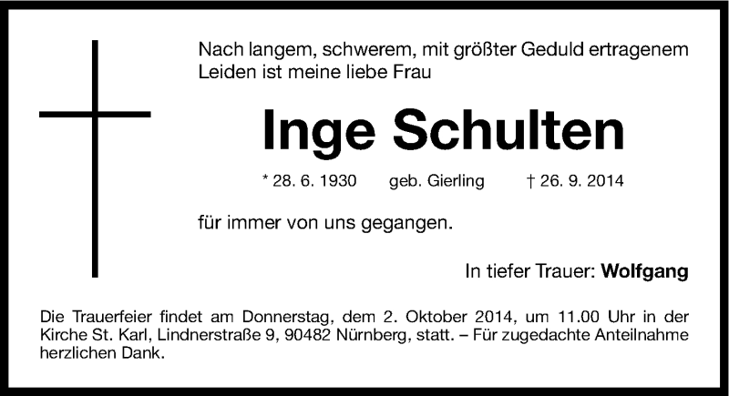  Traueranzeige für Inge Schulten vom 30.09.2014 aus Gesamtausgabe Nürnberger Nachrichten/ Nürnberger Ztg.