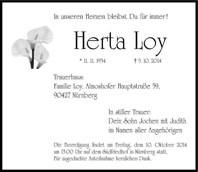  Traueranzeige für Herta Loy vom 08.10.2014 aus Gesamtausgabe Nürnberger Nachrichten/ Nürnberger Ztg.