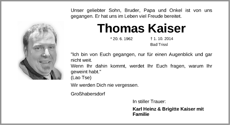  Traueranzeige für Thomas Kaiser vom 10.10.2014 aus Fürther Nachrichten Lokal