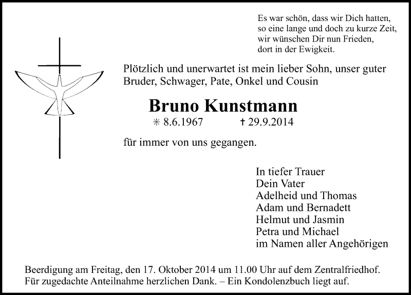  Traueranzeige für Bruno Kunstmann vom 13.10.2014 aus Erlanger Nachrichten Lokal