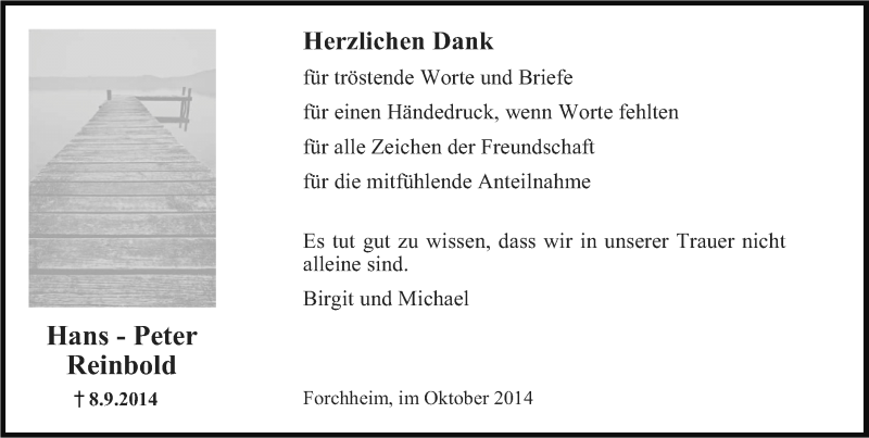  Traueranzeige für Hans-Peter Reinbold vom 18.10.2014 aus Nordbayerische Nachrichten Forchheim Lokal
