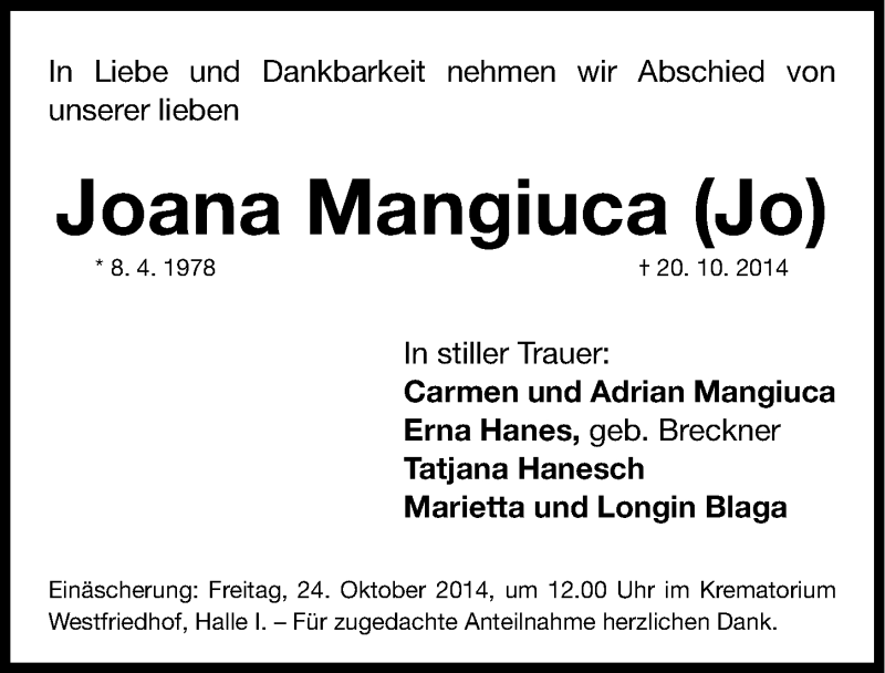  Traueranzeige für Joana Mangiuca vom 23.10.2014 aus Gesamtausgabe Nürnberger Nachrichten/ Nürnberger Ztg.