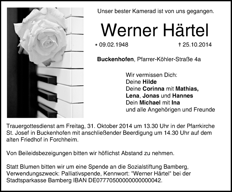  Traueranzeige für Werner Härtel vom 28.10.2014 aus Nordbayerische Nachrichten Forchheim Lokal