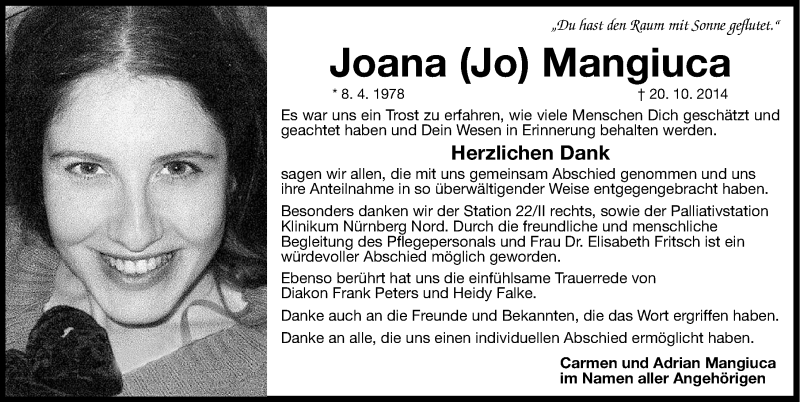  Traueranzeige für Joana Mangiuca vom 31.10.2014 aus Gesamtausgabe Nürnberger Nachrichten/ Nürnberger Ztg.