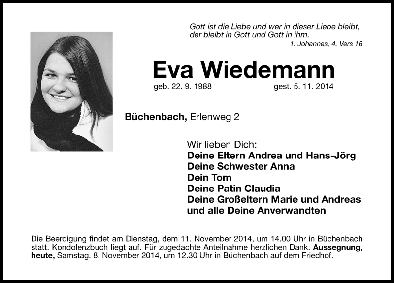  Traueranzeige für Eva Wiedemann vom 08.11.2014 aus Roth-Hilpoltsteiner Volkszeitung Lokal