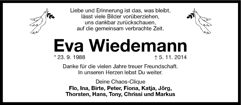  Traueranzeige für Eva Wiedemann vom 15.11.2014 aus Roth-Hilpoltsteiner Volkszeitung Lokal