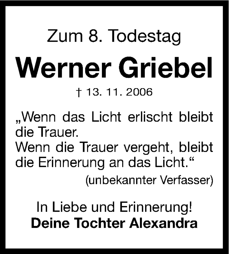  Traueranzeige für Werner Griebel vom 13.11.2014 aus Erlanger Nachrichten Lokal