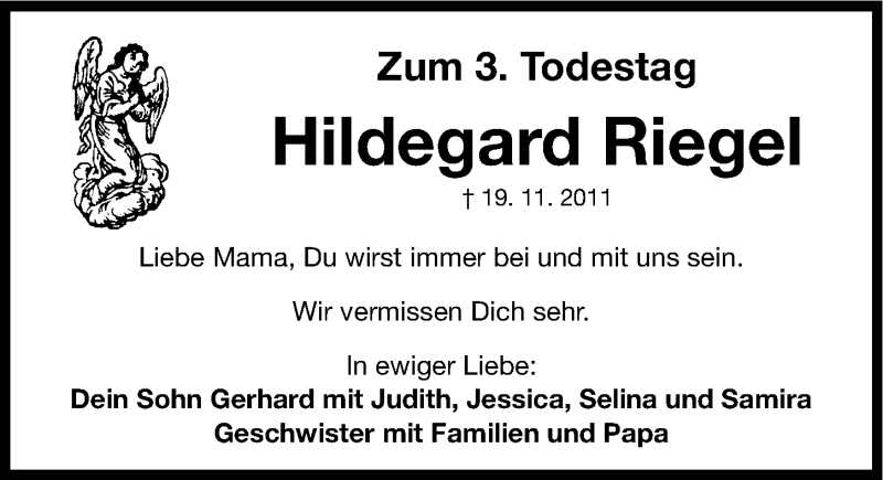  Traueranzeige für Hildegard Riegel vom 19.11.2014 aus Gesamtausgabe Nürnberger Nachrichten/ Nürnberger Ztg.
