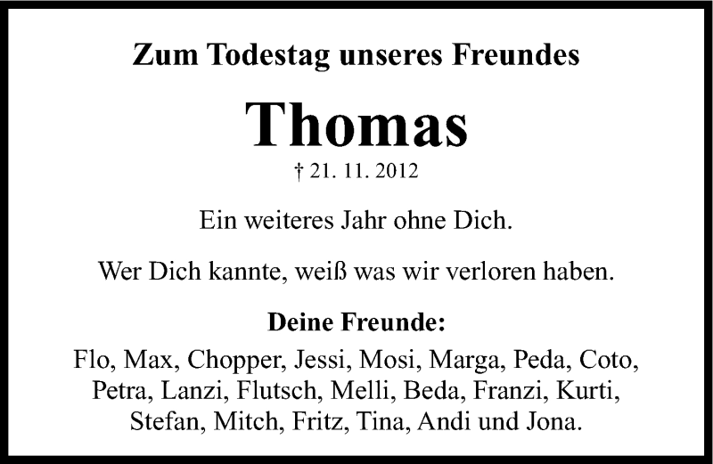  Traueranzeige für Thomas Fischer vom 21.11.2014 aus Neumarkter Nachrichten Lokal