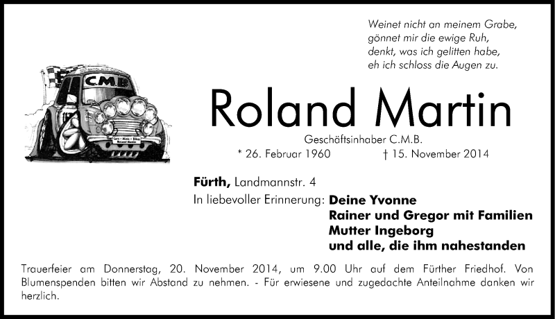  Traueranzeige für Roland Martin vom 18.11.2014 aus Fürther Nachrichten Lokal