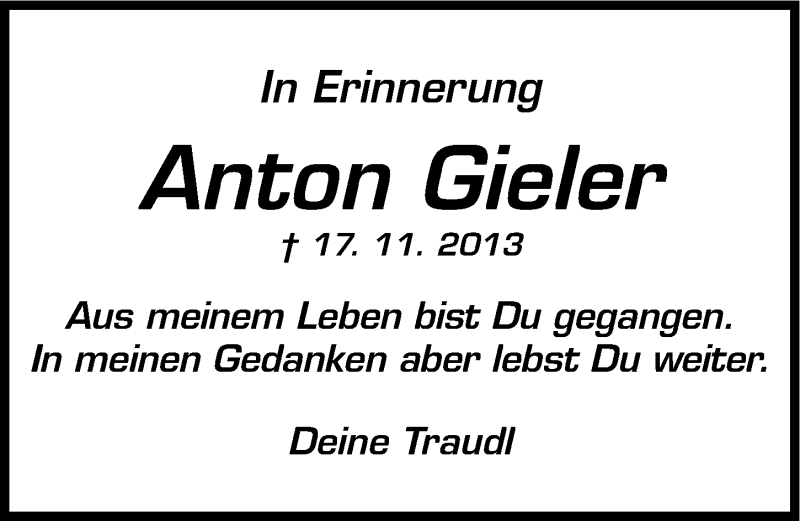  Traueranzeige für Anton Gieler vom 22.11.2014 aus Gesamtausgabe Nürnberger Nachrichten/ Nürnberger Ztg.