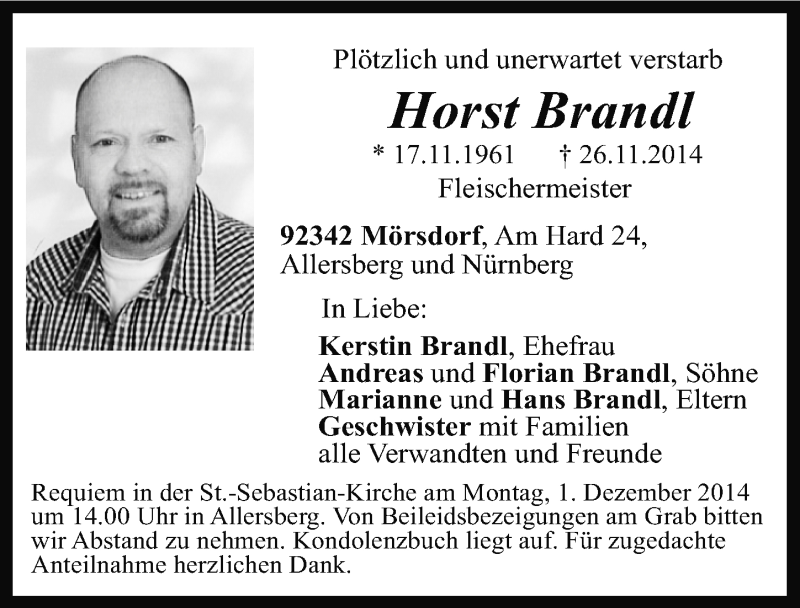  Traueranzeige für Horst Brandl vom 29.11.2014 aus Gesamtausgabe Nürnberger Nachrichten/ Nürnberger Ztg.