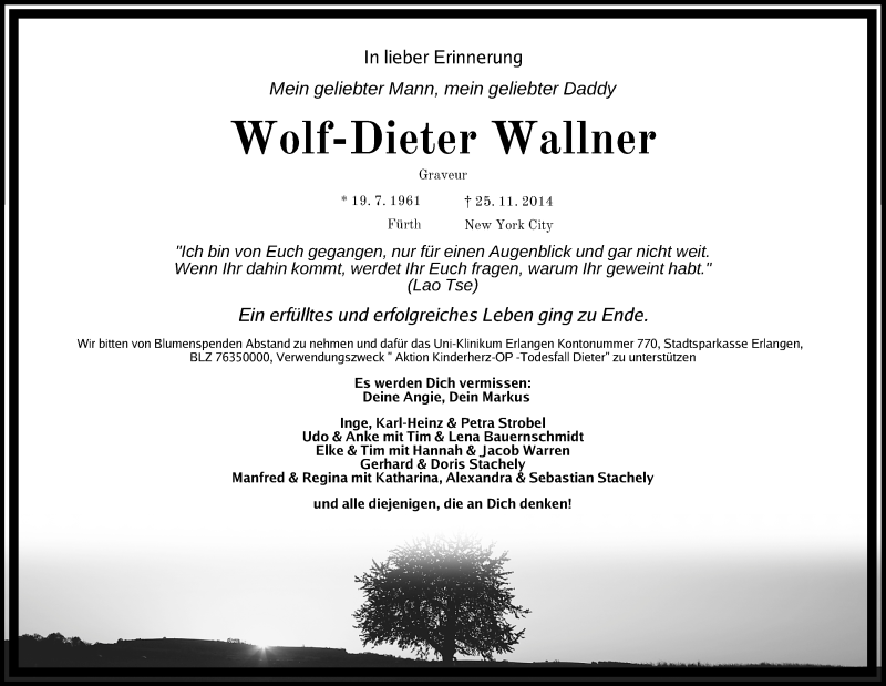  Traueranzeige für Wolf-Dieter Wallner vom 13.12.2014 aus Fürther Nachrichten Lokal