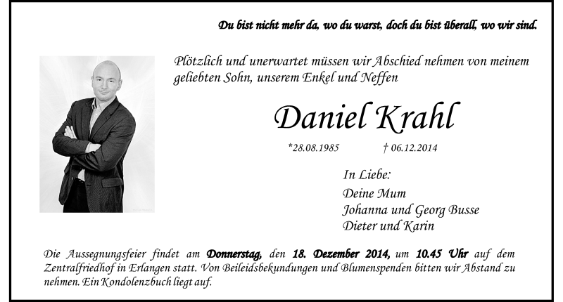  Traueranzeige für Daniel Krahl vom 13.12.2014 aus Erlanger Nachrichten Lokal