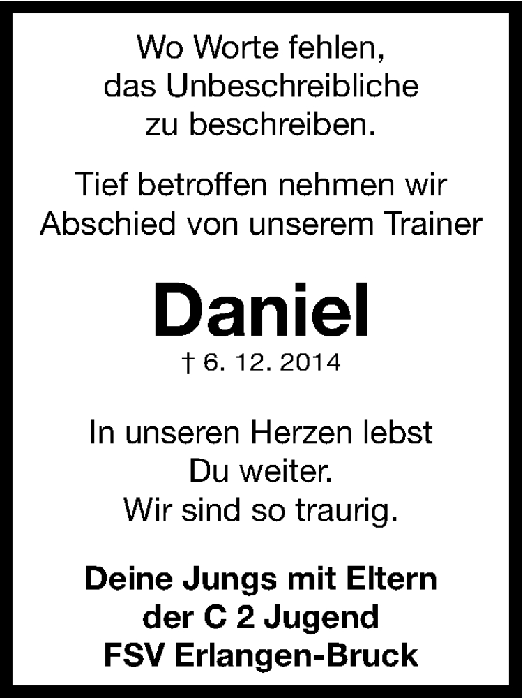  Traueranzeige für Daniel Krahl vom 13.12.2014 aus Erlanger Nachrichten Lokal