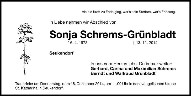  Traueranzeige für Sonja Schrems-Grünbladt vom 16.12.2014 aus Gesamtausgabe Nürnberger Nachrichten/ Nürnberger Ztg.