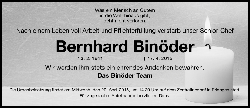  Traueranzeige für Bernhard Binöder vom 27.04.2015 aus Erlanger Nachrichten Lokal