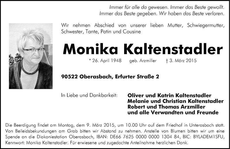  Traueranzeige für Monika Kaltenstadler vom 06.03.2015 aus G,HFN