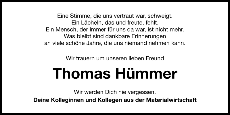  Traueranzeige für Thomas Hümmer vom 26.05.2015 aus Nordbayerische Nachrichten Pegnitz Lokal