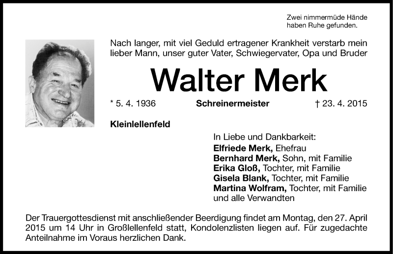  Traueranzeige für Walter Merk vom 25.04.2015 aus Altmühl-Bote Lokal