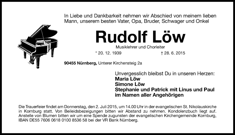  Traueranzeige für Rudolf Löw vom 30.06.2015 aus Gesamtausgabe Nürnberger Nachrichten/ Nürnberger Ztg.