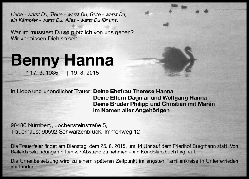  Traueranzeige für Benny Hanna vom 22.08.2015 aus Gesamtausgabe Nürnberger Nachrichten/ Nürnberger Ztg.