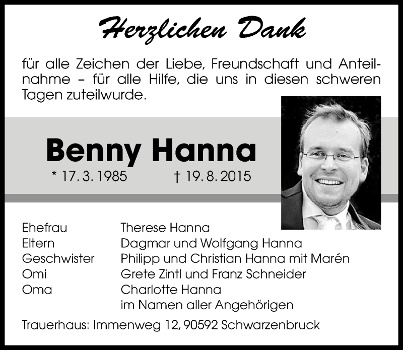  Traueranzeige für Benny Hanna vom 05.09.2015 aus Gesamtausgabe Nürnberger Nachrichten/ Nürnberger Ztg.