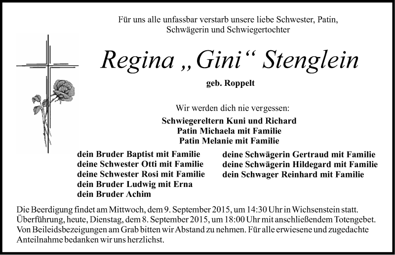  Traueranzeige für Regina Gini Stenglein vom 08.09.2015 aus Nordbayerische Nachrichten Forchheim Lokal