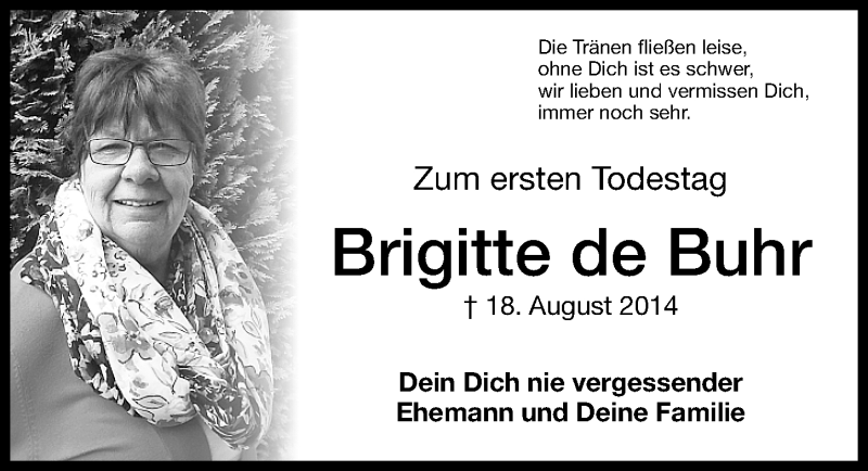  Traueranzeige für Brigitte de Buhr vom 18.08.2015 aus Altmühl-Bote Lokal