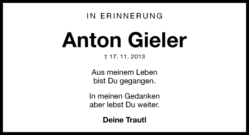  Traueranzeige für Anton Gieler vom 14.11.2015 aus Gesamtausgabe Nürnberger Nachrichten/ Nürnberger Ztg.
