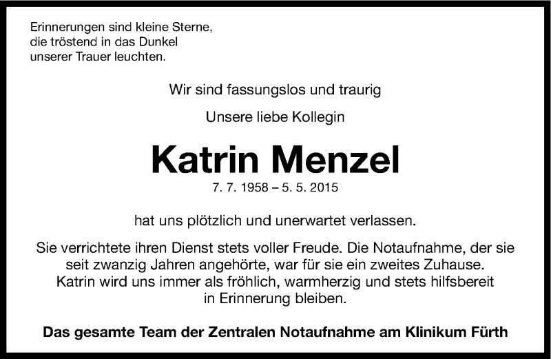  Traueranzeige für Katrin Menzel vom 22.05.2015 aus Fürther Nachrichten Lokal