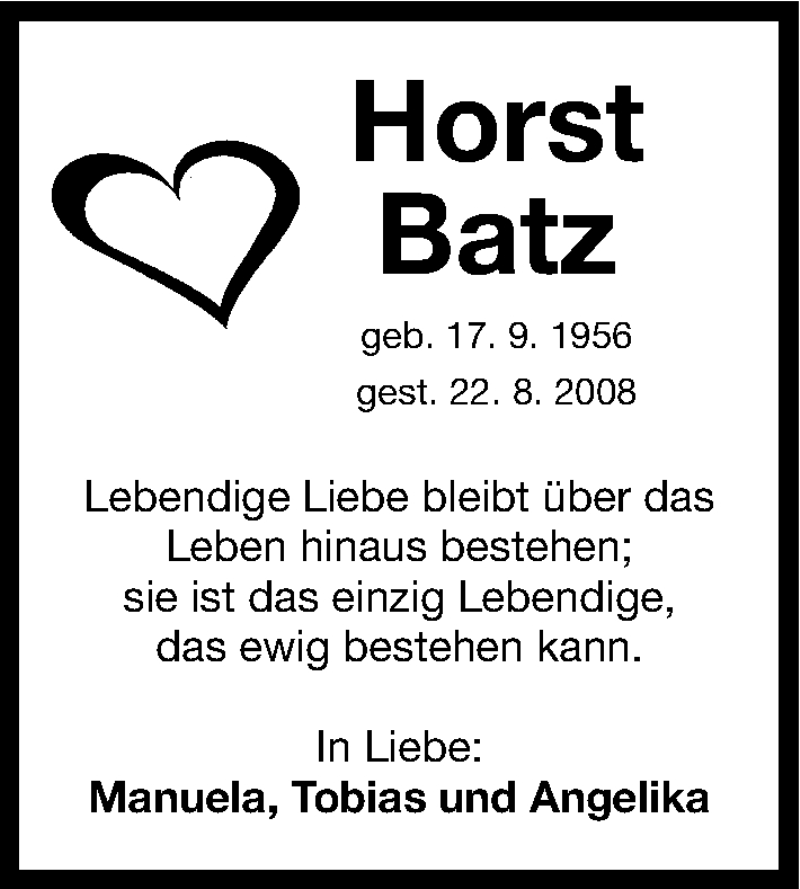  Traueranzeige für Horst Batz vom 22.08.2015 aus Erlanger Nachrichten Lokal