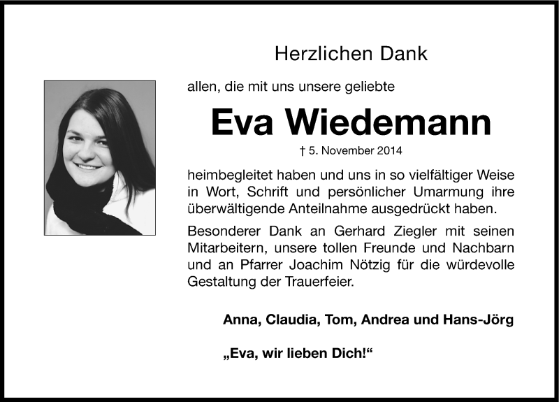  Traueranzeige für Eva Wiedemann vom 20.12.2014 aus Roth-Hilpoltsteiner Volkszeitung Lokal