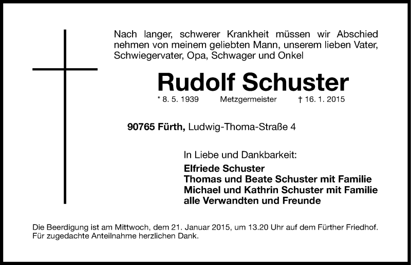  Traueranzeige für Rudolf Schuster vom 19.01.2015 aus Fürther Nachrichten Lokal