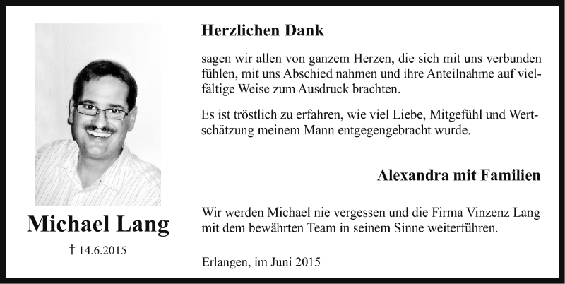  Traueranzeige für Michael Lang vom 27.06.2015 aus Erlanger Nachrichten Lokal