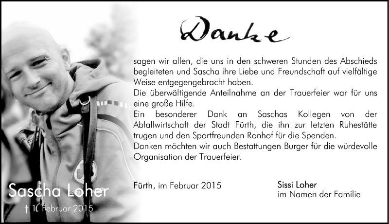  Traueranzeige für Sascha Loher vom 18.02.2015 aus Fürther Nachrichten Lokal