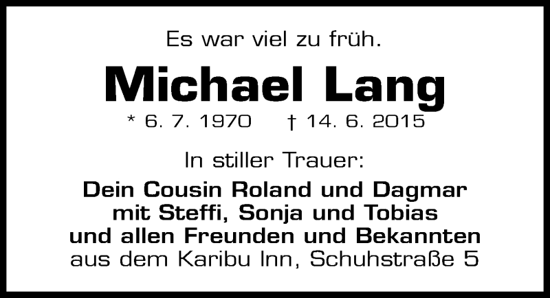  Traueranzeige für Michael Lang vom 18.06.2015 aus Erlanger Nachrichten Lokal