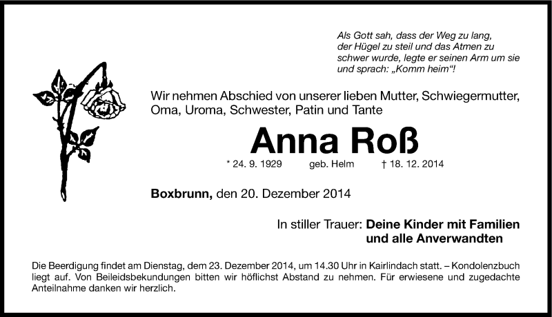  Traueranzeige für Anna Roß vom 20.12.2014 aus Nordbayerische Nachrichten Herzogenaurach Lokal