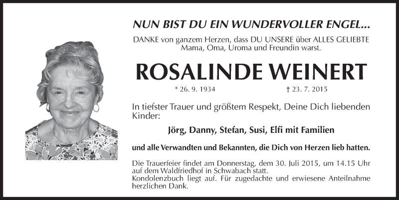  Traueranzeige für Rosalinde Weinert vom 28.07.2015 aus Schwabach