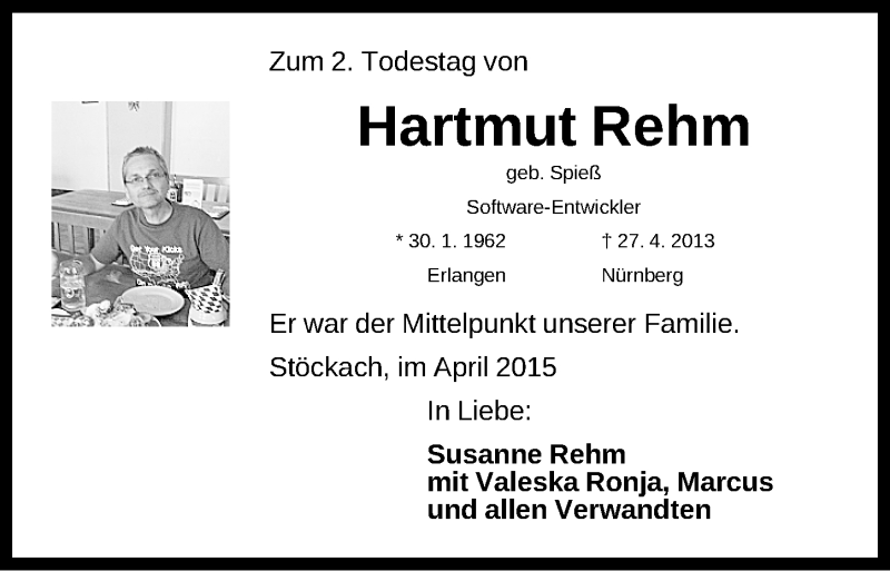  Traueranzeige für Hartmut Rehm vom 25.04.2015 aus Nordbayer. Nachrichten Forchheim/ Nordbayer. Nachrichten Herzogenaurach