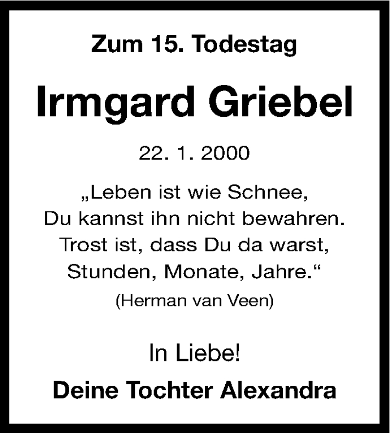  Traueranzeige für Irmgard Griebel vom 22.01.2015 aus Erlanger Nachrichten Lokal