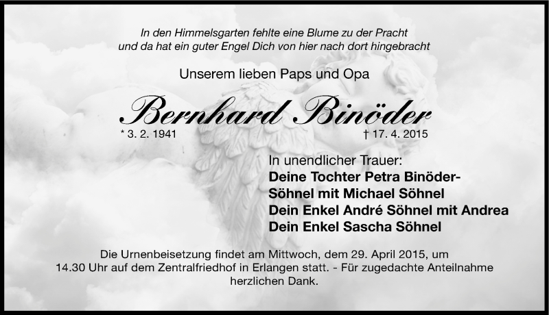  Traueranzeige für Bernhard Binöder vom 27.04.2015 aus Erlanger Nachrichten Lokal