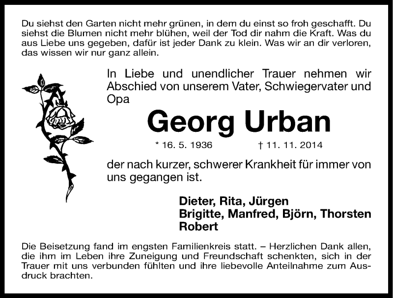  Traueranzeige für Georg Urban vom 29.11.2014 aus Fürther Nachrichten 