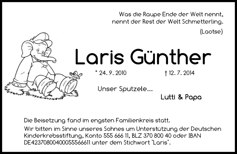  Traueranzeige für Laris Günther vom 19.07.2014 aus Gesamtausgabe Nürnberger Nachrichten / Nürnberger Zeitung
